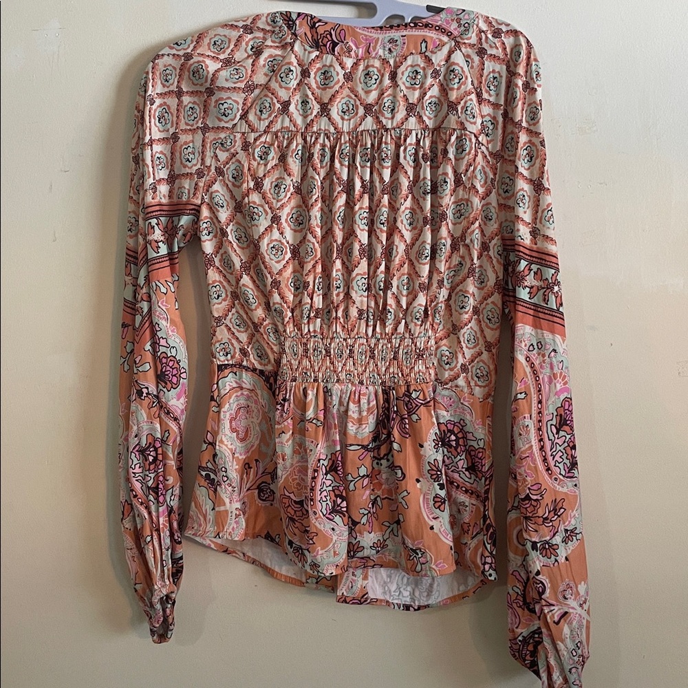 Free People Women's Patterned Blouse - Peach and White - Picture 8 of 10